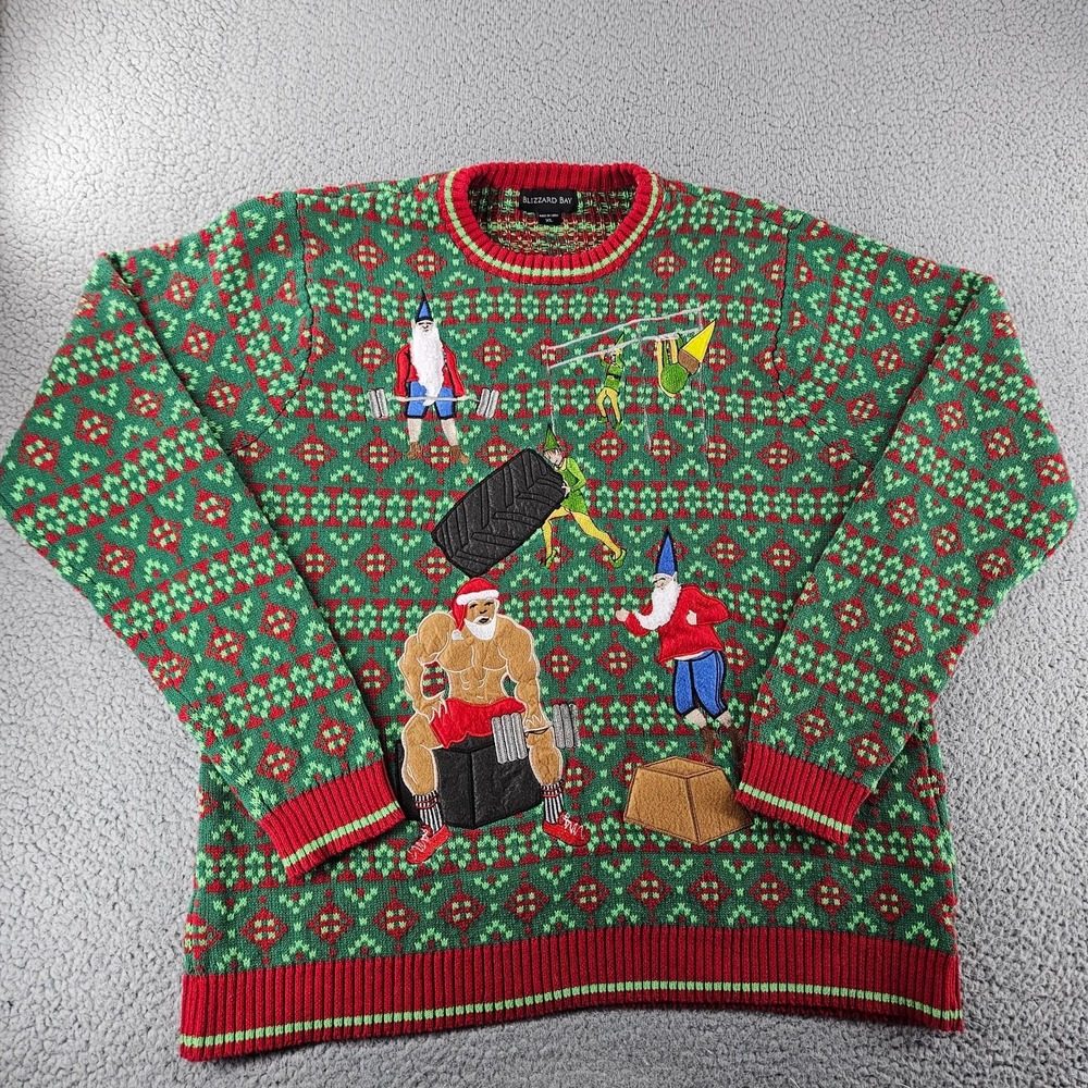 Blizzard‎ Bay Ugly Christmas Sweater Mens XL Green  North Swole Santa Funny Gym